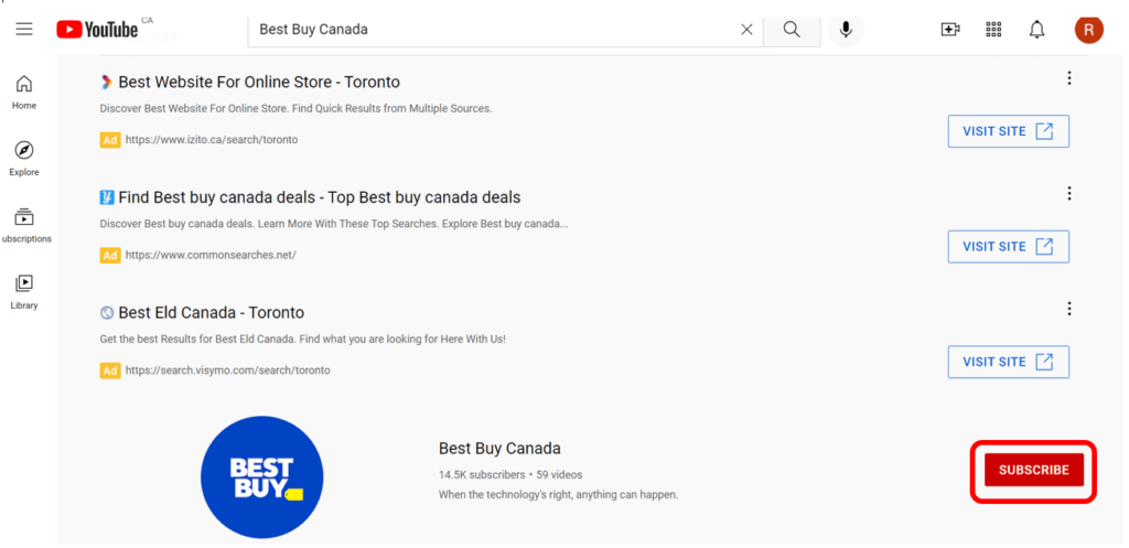 Best Buy Canada YouTube channel with Subscribe button highlighted in red to show how to subscribe to a YouTube channel.

