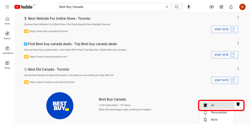 Best Buy Canada YouTube channel with notification button highlighted in red to show how to turn on notifications for that channel.
