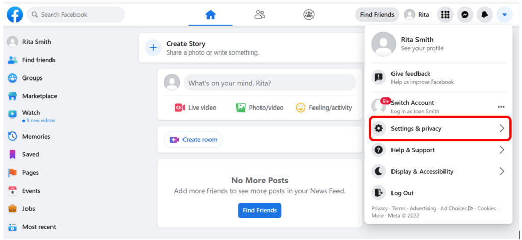 Facebook profile account menu with Settings and Privacy highlighted in red
