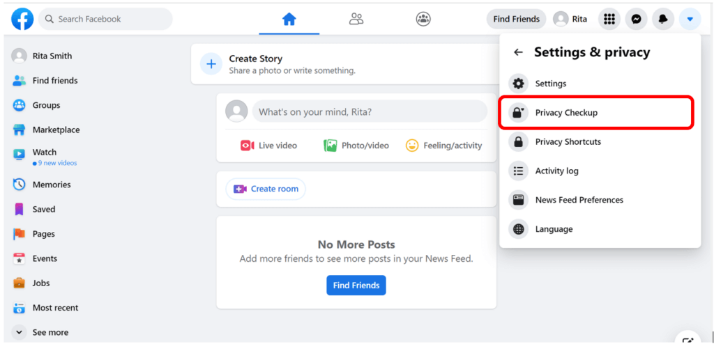 Facebook Settings menu with Privacy highlighted in red

