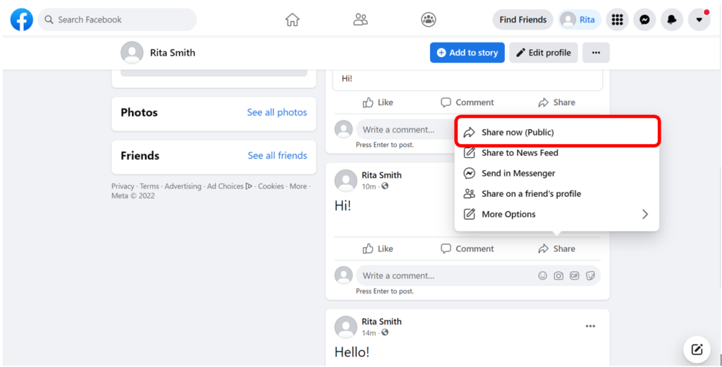 Facebook profile page with Share Now (Public) button highlighted in red to show how to share a Facebook post

