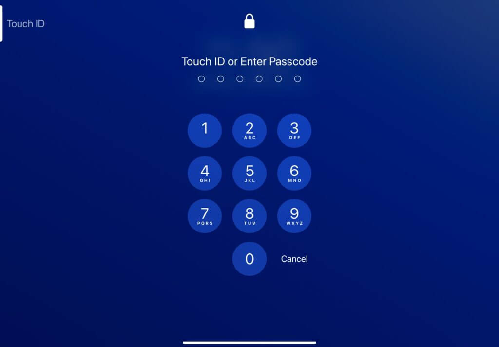 iPad lock screen requiring passcode with number keypad
