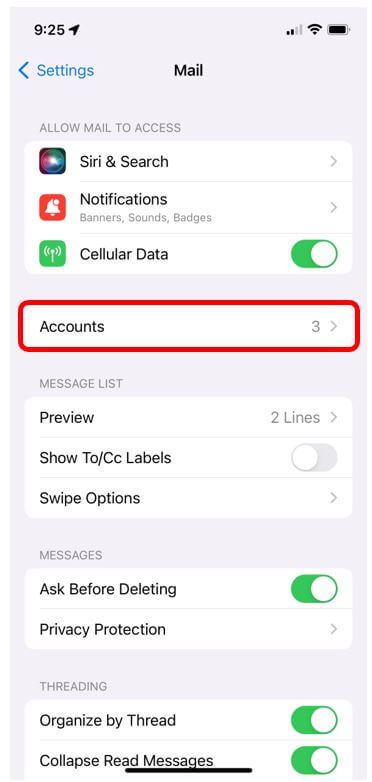 iOS Mail settings menu