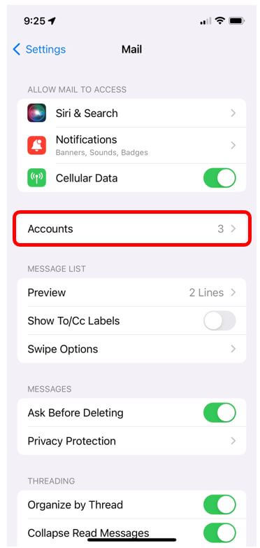Mail settings screen with Accounts highlighted to show where to go to add an email account to the Mail app