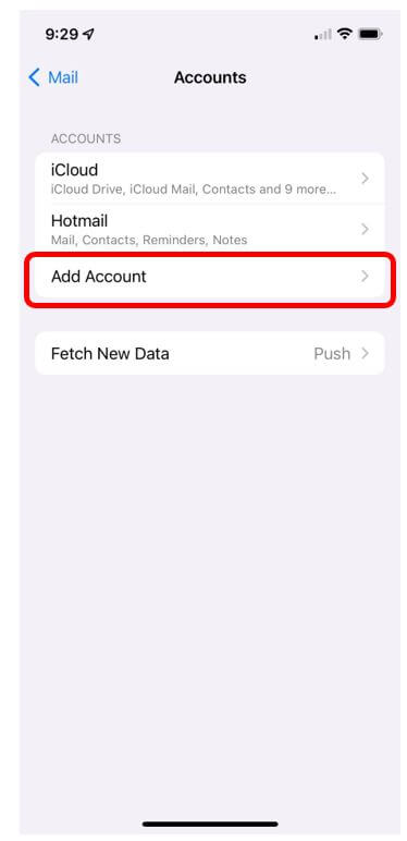 Accounts screen with Add Account highlighted to show how to add an account to the Mail app