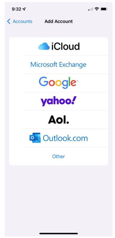 Add account screen with iCloud, Microsoft exchange, google, yahoo!, Aol, and Outlook listed