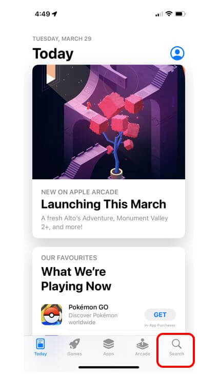 App Store home screen with Search highlighted in bottom right corner