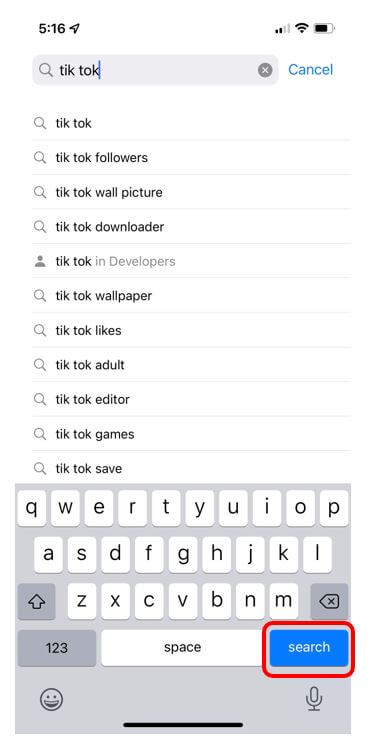 TikTok app in search bar with Search button at bottom of the screen highlighted in red to show how to look for an app