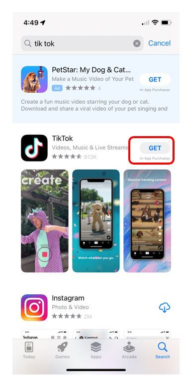 App Store with TikTok app Get button highlighted to show how to download an app