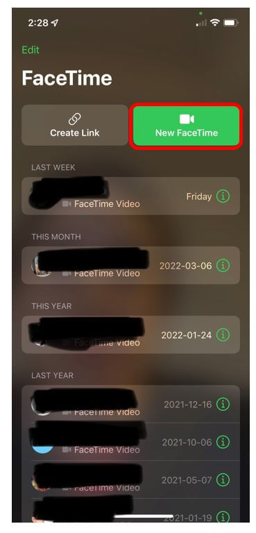 Screen to start a FaceTime video call with the FaceTime option circled in red to demonstrate how to start a FaceTime call