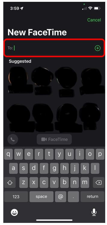 Screen to start a FaceTime call with the + sign circled in red to demonstrate how to start a new facetime call