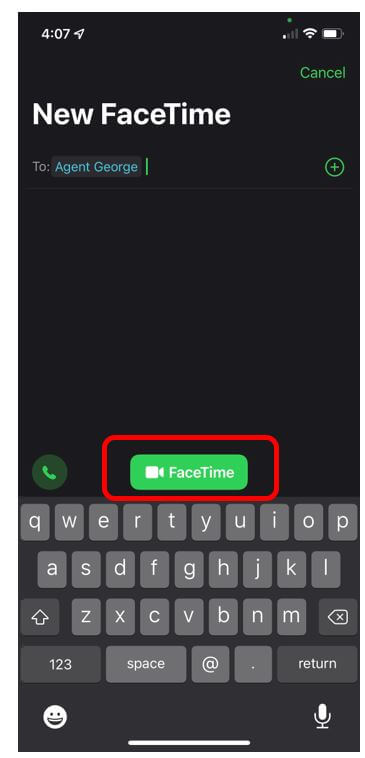 Screen to start a FaceTime video call with the FaceTime option circled in red to demonstrate how to start a FaceTime call