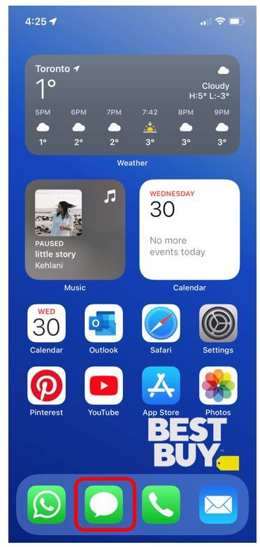 iPhone home screen with the Messages app circled in red to demonstrate how to open the Messages app