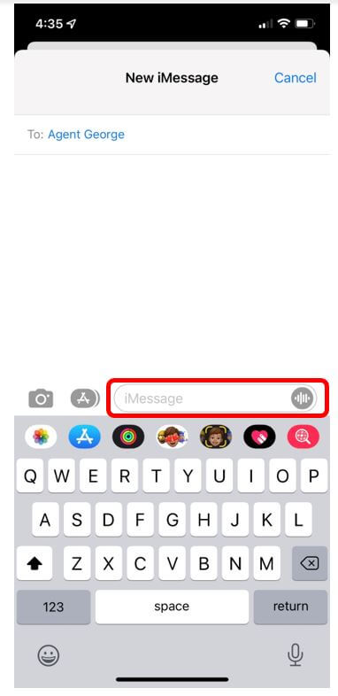 iOS New Message screen with contact name