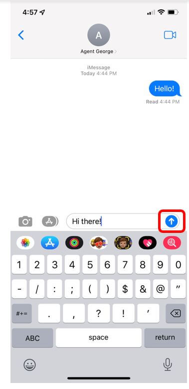 iMessage from Agent George with blue circle with white upward arrow in the center highlighted to show how to reply to a message