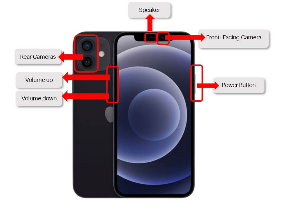 iPhone with cameras, volume, speaker, and power button highlighted to show hardware