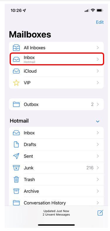 iOS Mailboxes screen