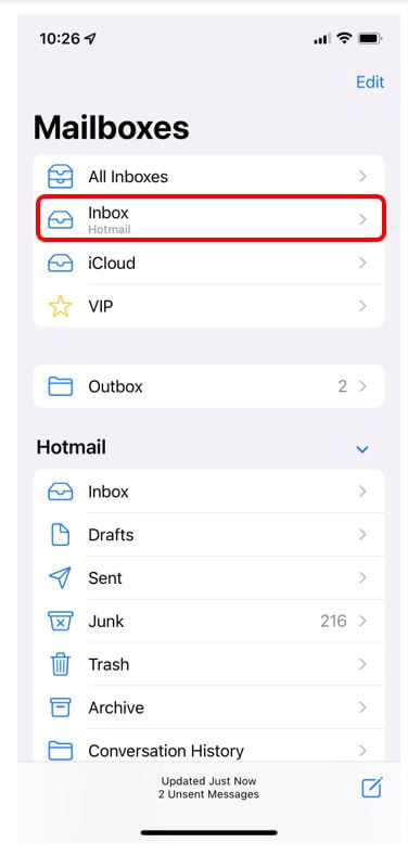 Inbox highlighted in red in Mail app to show how to view emails on an iPhone