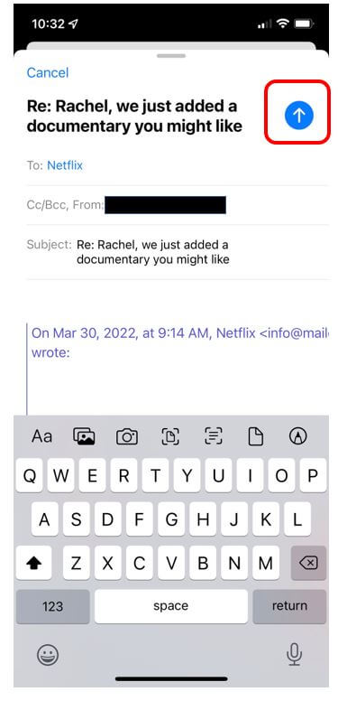 Email with blue circle with white arrow facing upwards highlighted to show how to send an email from an iPhone