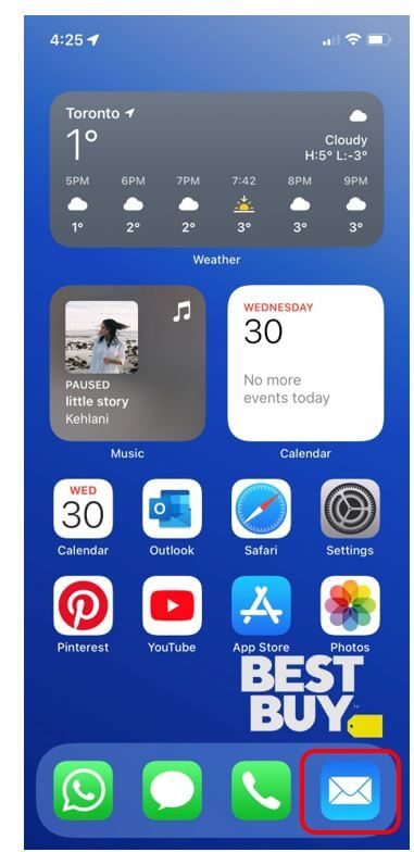 iPhone home screen with mail app icon highlighted in red to show how to open Mail app