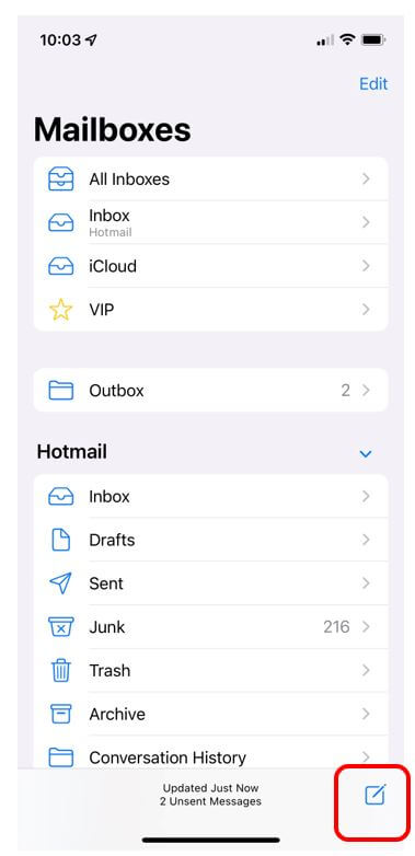 Mail app with create new email button highlighted in bottom right corner to show how to send a new email