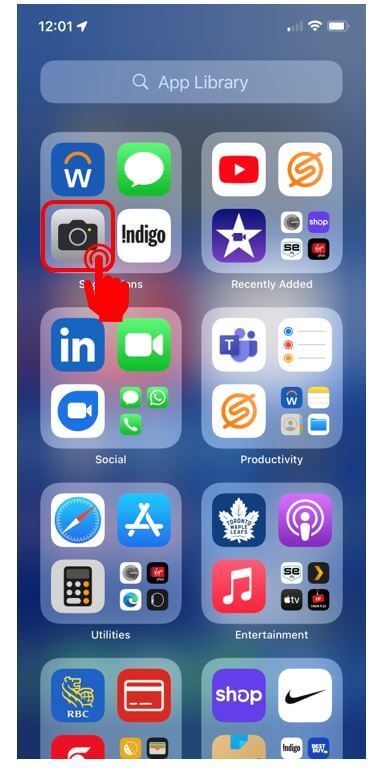 iPhone App library with camera app highlighted to show how to take a photo with an iPhone