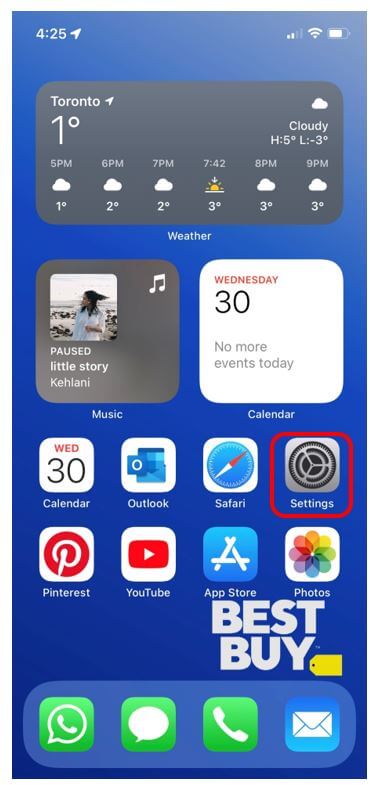 iOS home screen with Settings app highlighted in red to show how to open the settings app