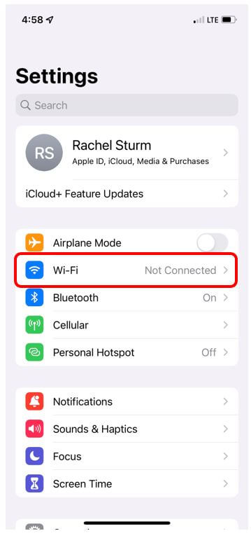 iPhone Settings menu with Wi-Fi highlighted in red to show how to connect to a network