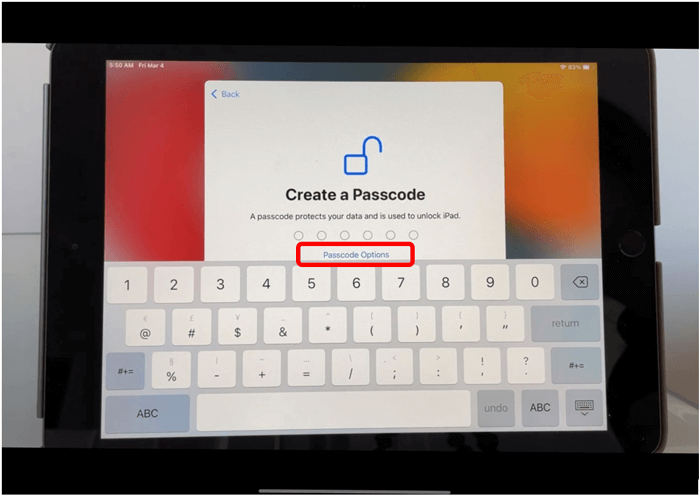 iPad create passcode screen with passcode options button circled in red