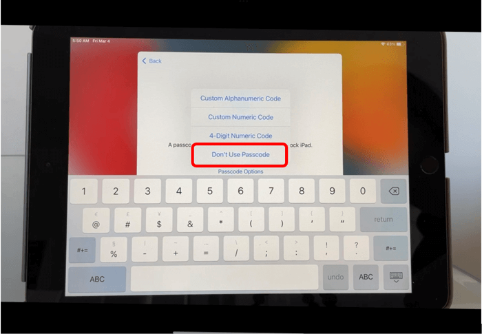 iPad screen with passcode options listed and Don't use passcode button circled in red