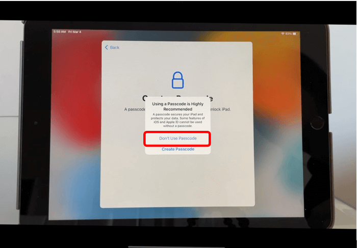 iPad screen with don't use passcode button circled in red