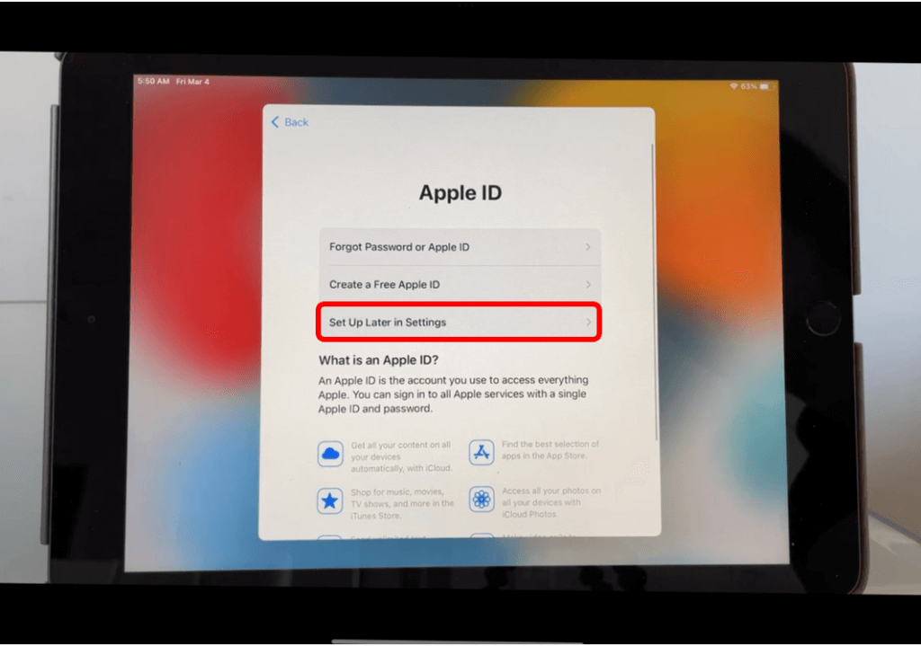 iPad Apple ID screen with Apple ID options listed and Set up Later in Settings circled in red