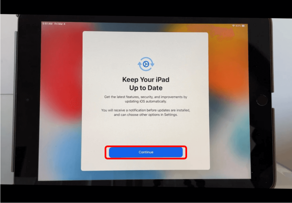 iPad Keep your iPad Up to Date screen with Continue button circled in red
