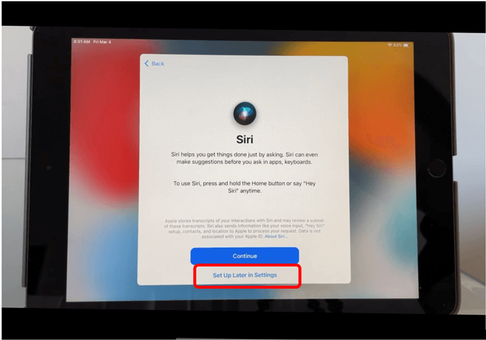 iPad Siri screen with Set up Later in Settings button circled in red