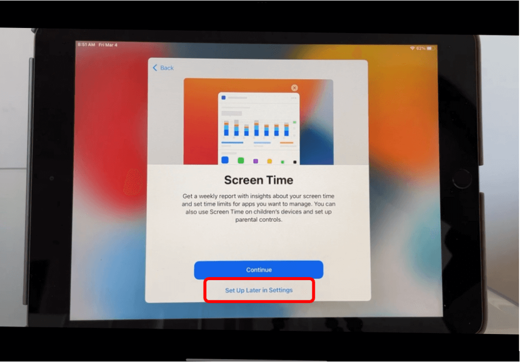 iPad Screen Time screen with Set up Later in Settings button circled in red