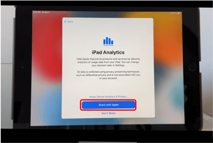 iPad Analytics screen with Share with Apple button circled in red