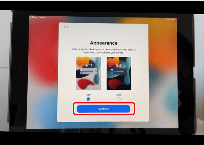 iPad Appearance screen with Continue button circled in red