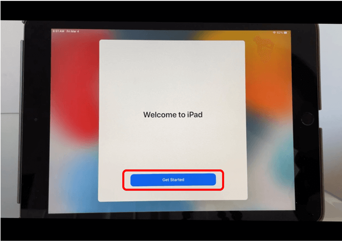 iPad Welcome to iPad screen with Get Started button circled in red