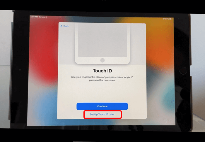 iPad Touch ID screen with Set up Touch ID Later button circled in red