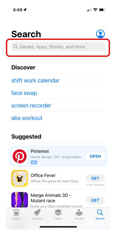 App Store Search bar highlghted in red to show how search for an app in the app store