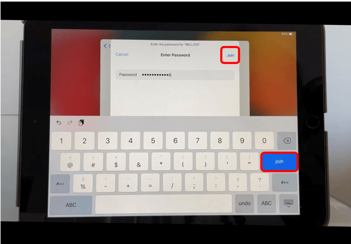 iPad Enter Wi-Fi password screen with Join button circled in red
