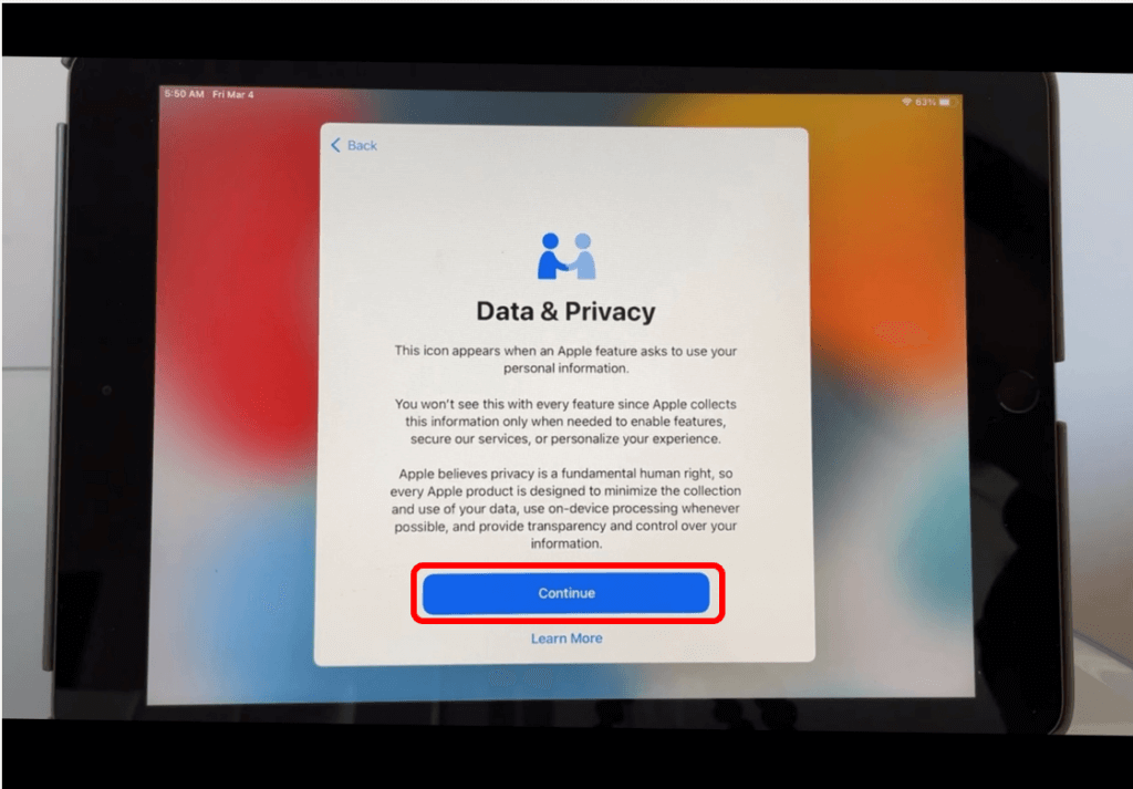 iPad Data and Privacy screen with Continue button circled in red