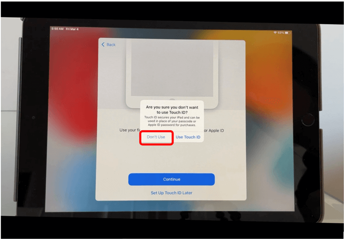 iPad Touch ID screen with Don't Use button circled in red