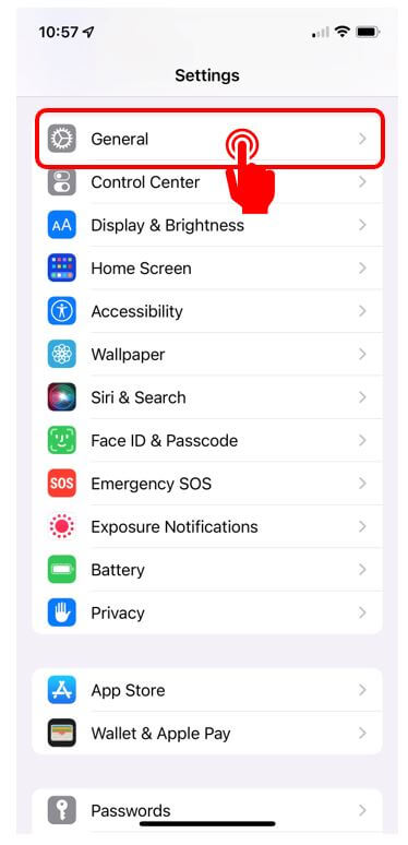 iPhone Settings app menu with General highlighted in red to show how to get to Software Updates