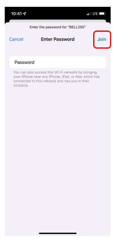 WiFi screen with Join highlighted in red to show how to join a network after inputting the password