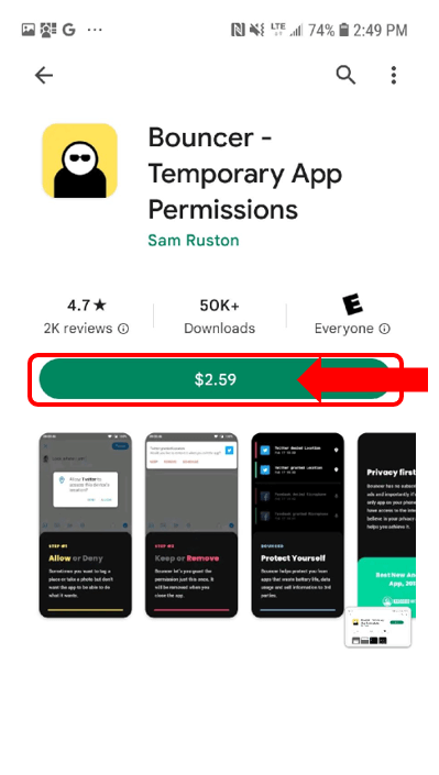 Bouncer- Temporary App Permissions app on Google Play Store with $2.59 highlighted to show what paid app looks like on App Store.