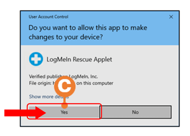 User account control screen with Yes circled in red to allow changes through LMI app
