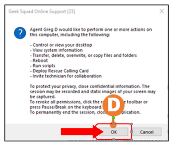 Geek Squad online support screen with OK highlighted to show how to allow Agent to access computer