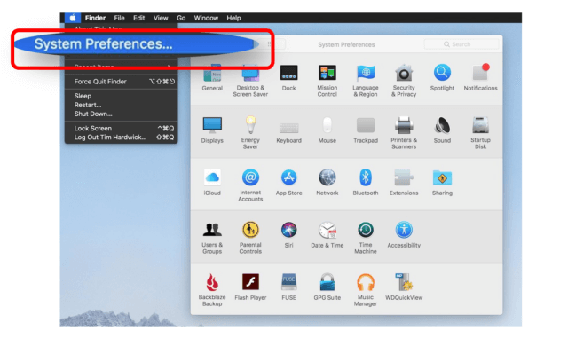 Macbook main menu with System Preferences highlighted on left-side of the screen.
