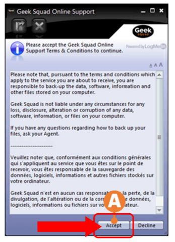 Geek Squad online support screen to show how to let Geek Squad access computer.

